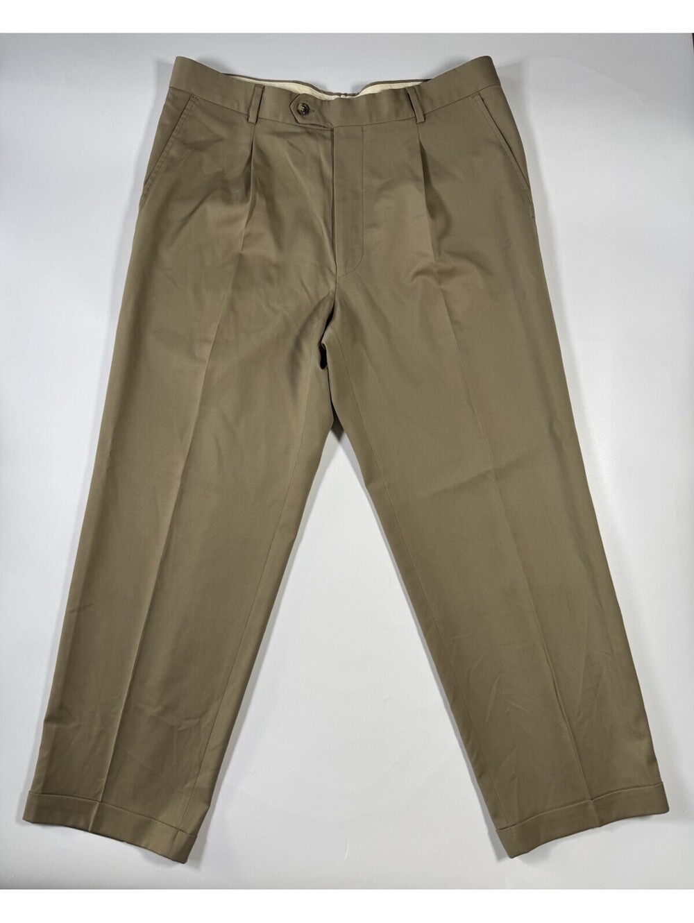 Hugo Boss Men’s Khaki Pleated Dress Pants Trousers 36x30 Cuffed Wool Blend